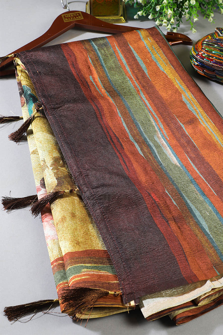 Golden Brown Printed Tussar Silk Saree