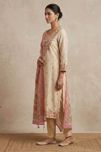 Cream Floral Printed Kota Cotton Suit
