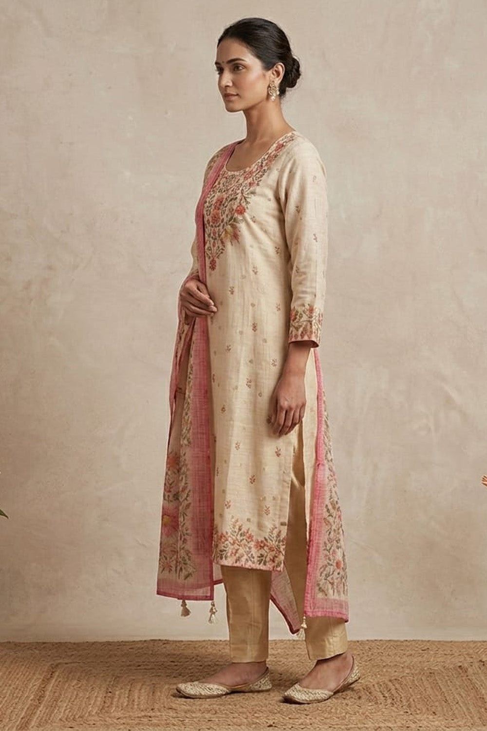 Cream Floral Printed Kota Cotton Suit