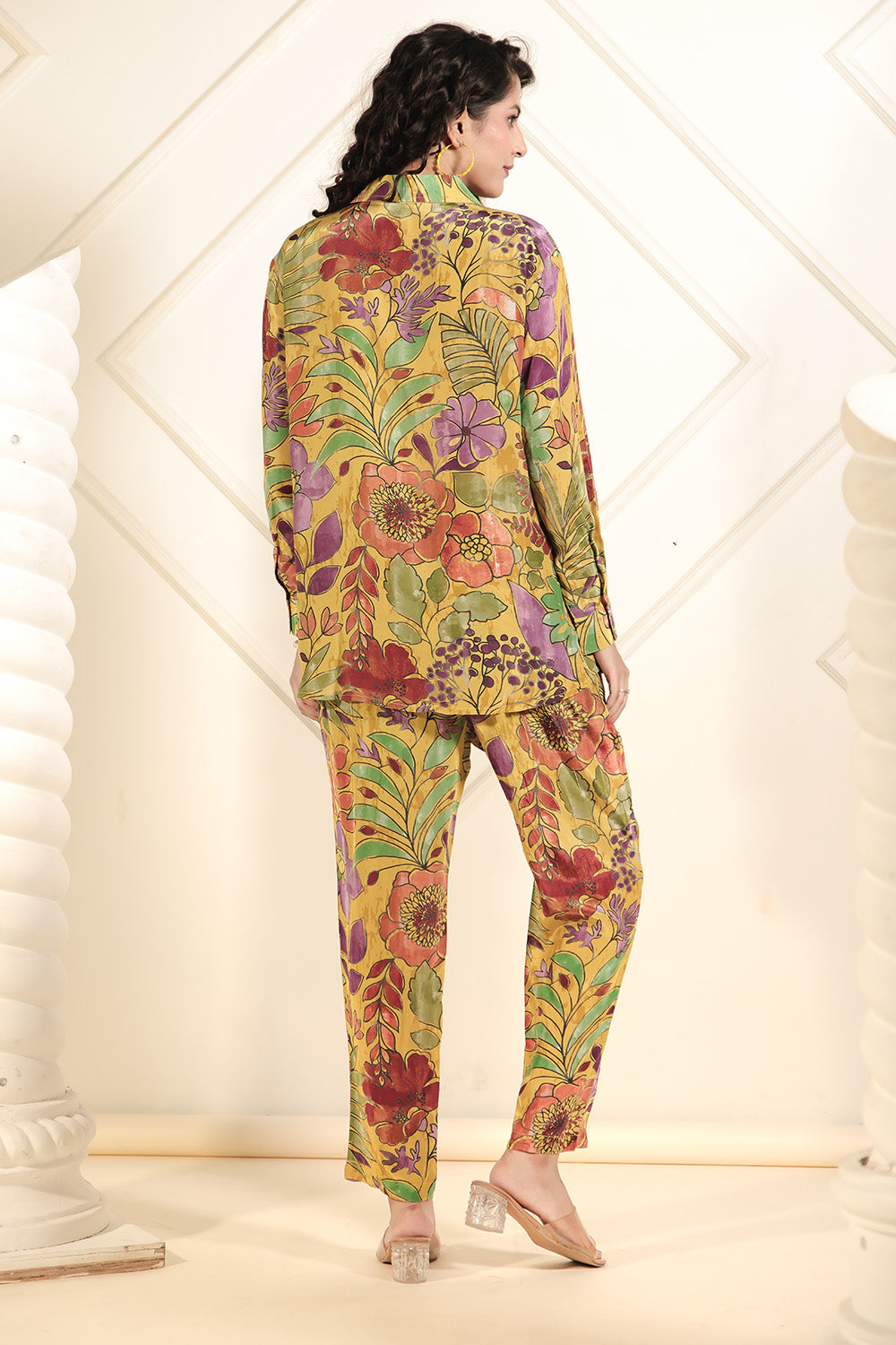 Lemon Yellow Color Viscose Silk Floral Printed Co-Ord Dress