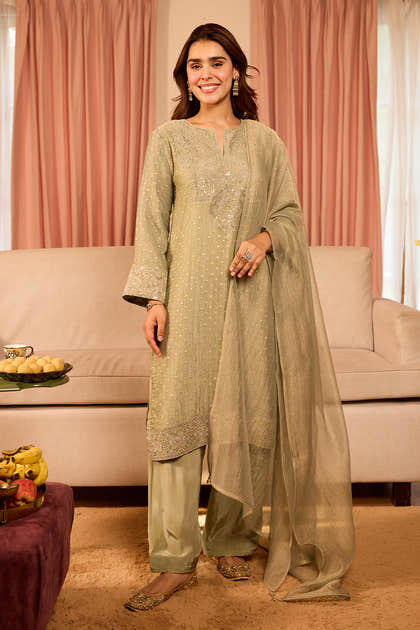 Seagreen Salsa Tissue Embroidered Unstitched Suit Material