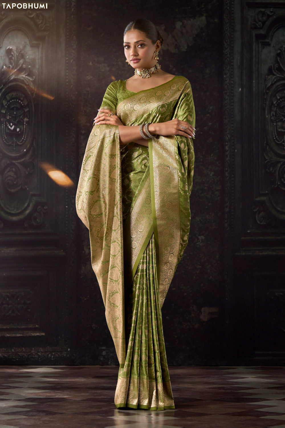 Olive Green Katan Silk Banarasi Zari Woven Saree