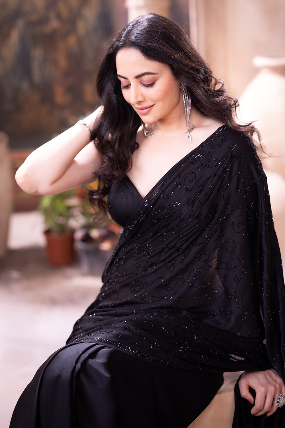 Black Satin Silk Swaroski Work Saree
