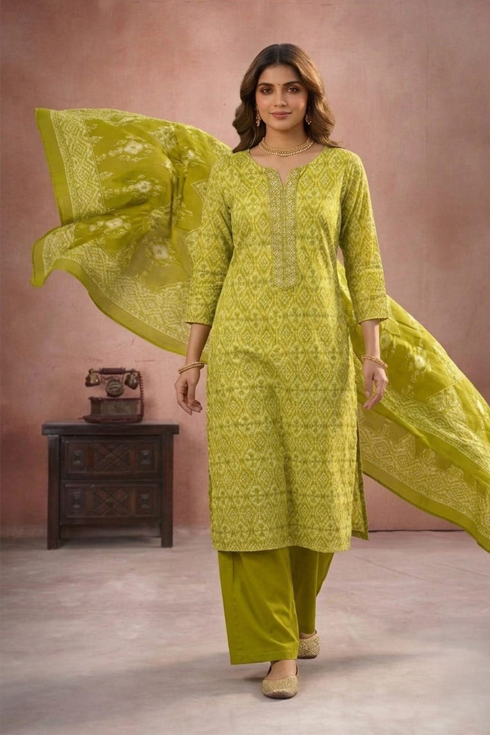 Green Cotton Woven Straight Suit