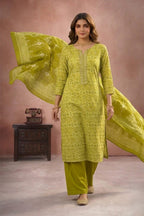 Green Cotton Woven Straight Suit