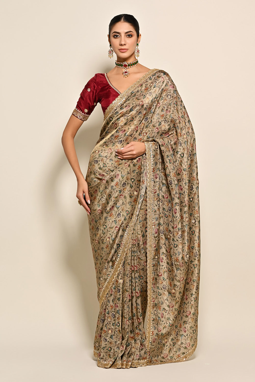 Beige Color Tussar Silk Digital Printed Saree