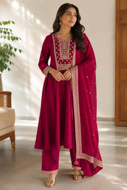Maroon Crepe Silk Zari and Sequins Embroidered Anarkali Suit