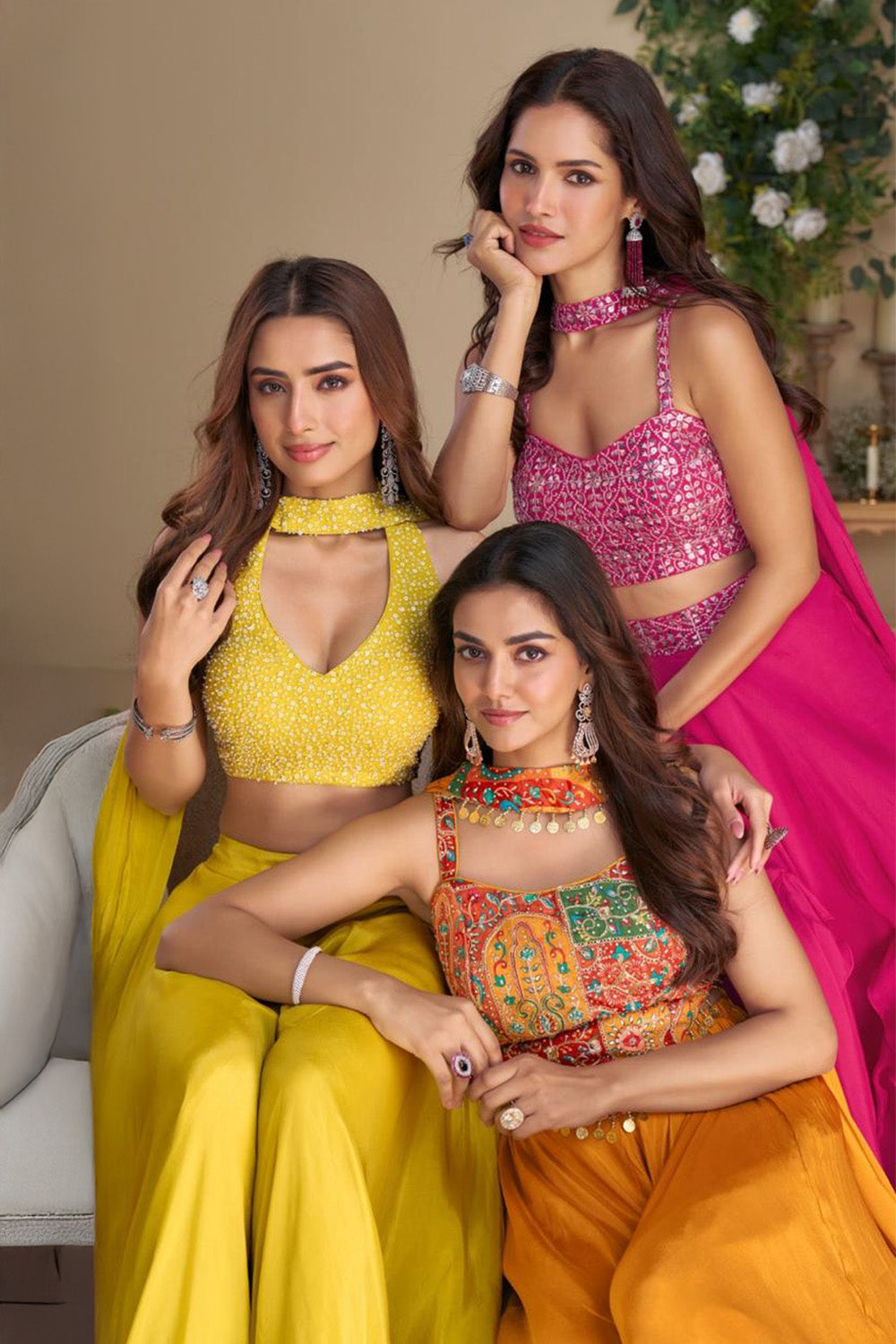 Hot Pink Silk Embroidered Choli Palazzo Set With Dupatta