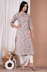 Peach & Teal Colour Cotton Floral Printed Kurti
