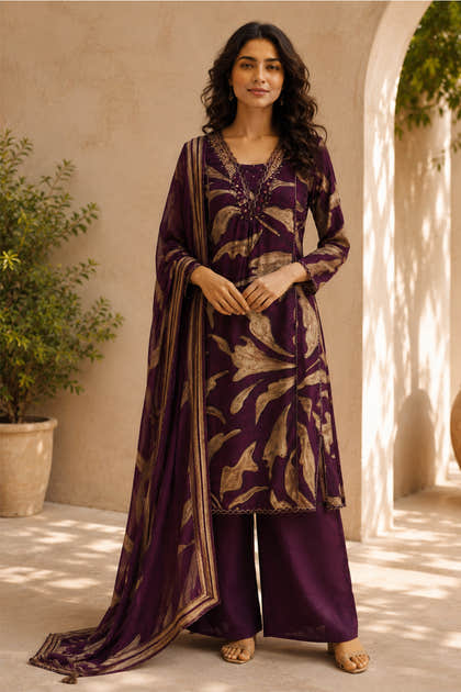 Wine Muslin Printed Straight Suit Set