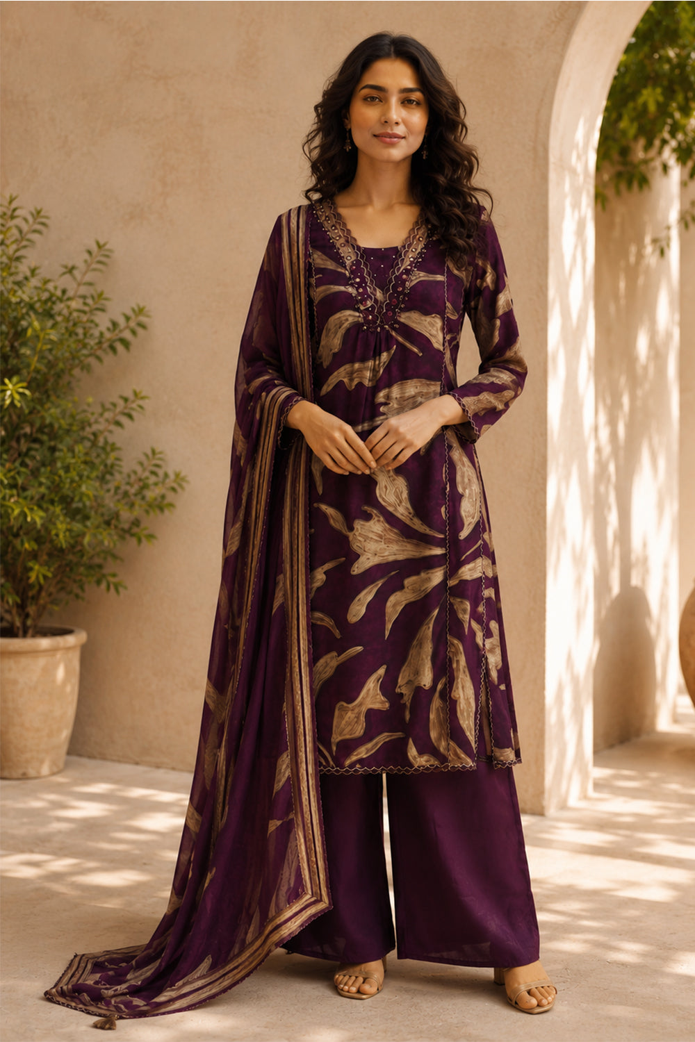 Wine Muslin Printed Straight Suit Set