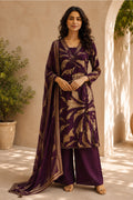 Wine Muslin Printed Straight Suit Set