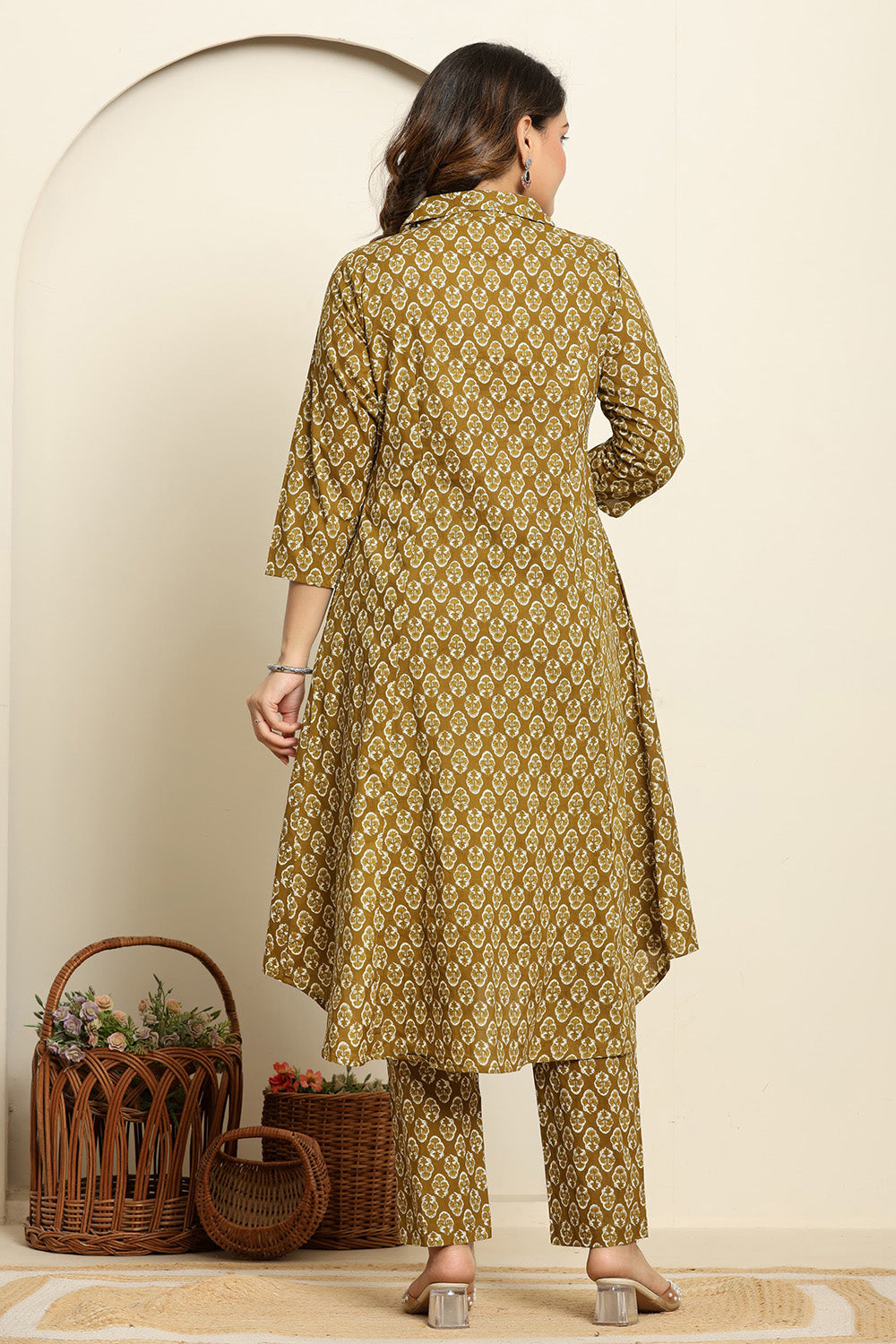 Olive Green Color Floral Printed Cotton Kurta Set