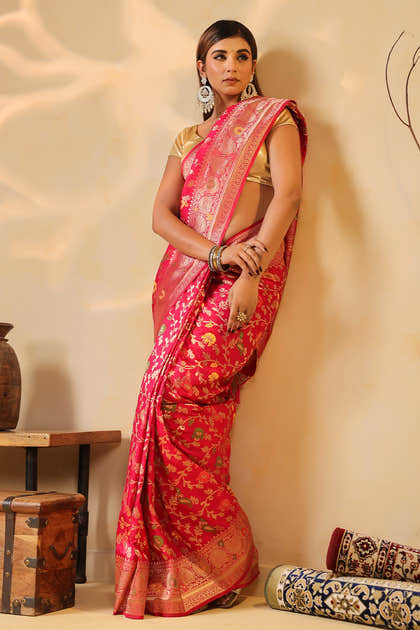 Cherry Red Colour Silk Zari & Resham Woven Saree