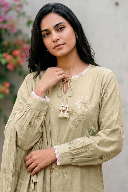 Pista Green Cotton Floral Resham Embroidered and Printed Unstitched Suit Material