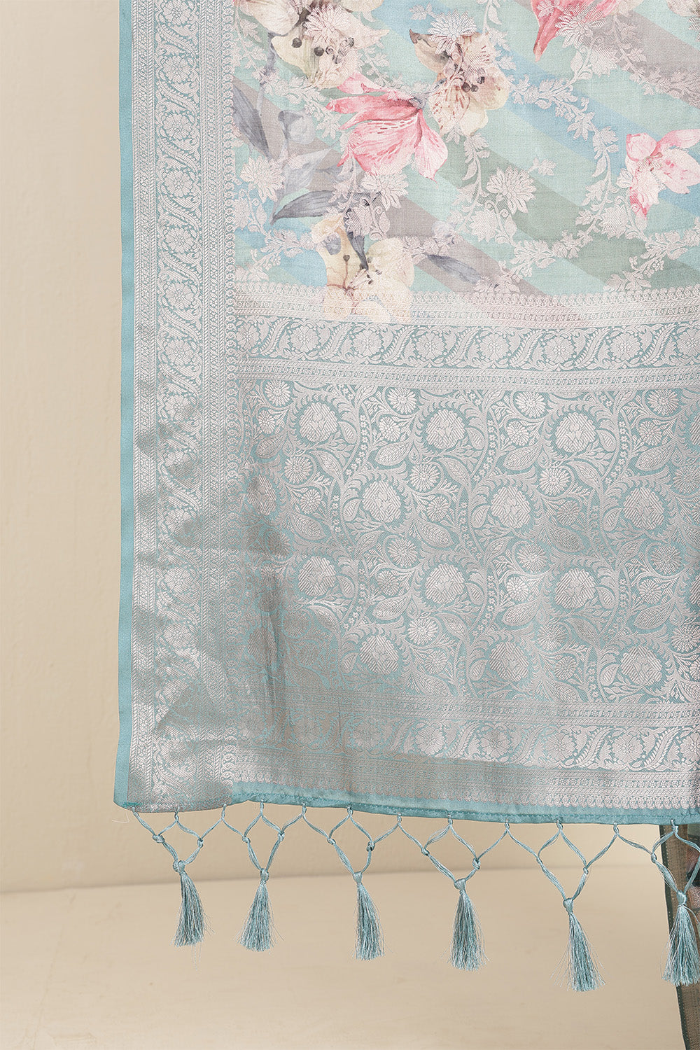 Sea Green Color Tussar Silk Woven and Floral Printed Saree