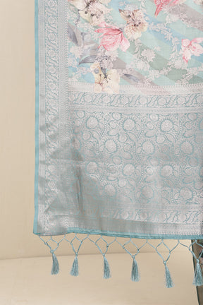 Sea Green Color Tussar Silk Woven and Floral Printed Saree