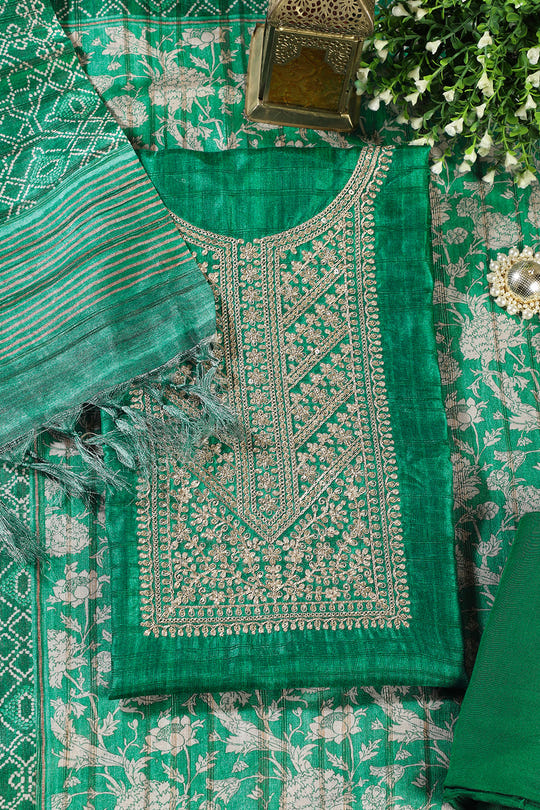 Green Tussar Silk Neck Zari Embroidered Unstitched Suit