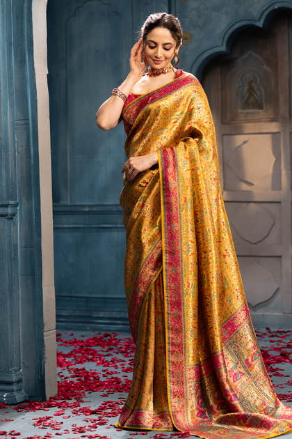 Mustard Position Print Woven Silk Saree