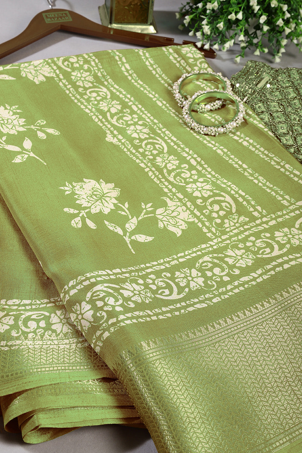 Green Color Cotton Silk Block Printed Saree
