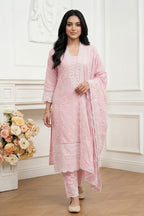 Pink Mul Cotton Chikankari Work Suit Set