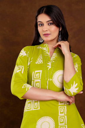 Light Green Block Printed Cotton Printed Kurta Set