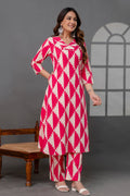 Beige And Magenta Printed Cotton Kurta Set