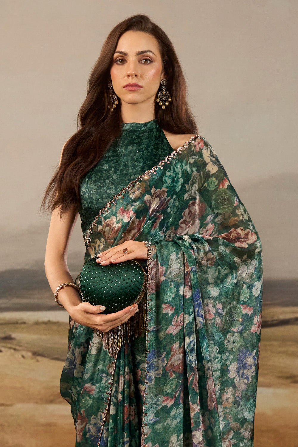Green Shimmer Floral Printed Saree with Swarovski Work on Border