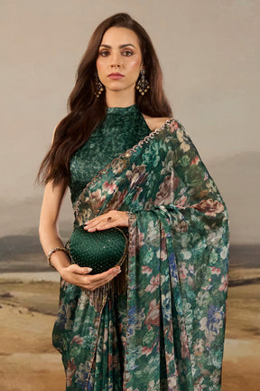 Green Shimmer Floral Printed Saree with Swarovski Work on Border