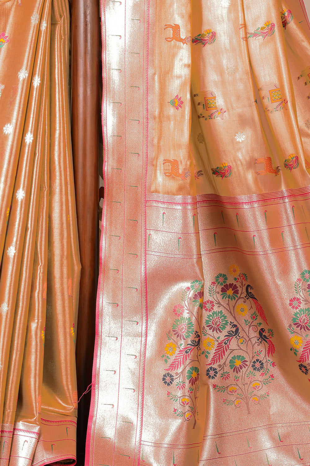 Gold & Red Duo-Chrome Tissue Silk  Pathani Work Saree