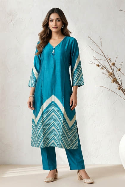 Dark Teal Mulberry Silk Printed Kurta Set