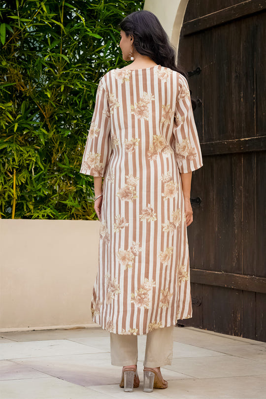 Light Brown Muslin Floral Printed Kurta Set