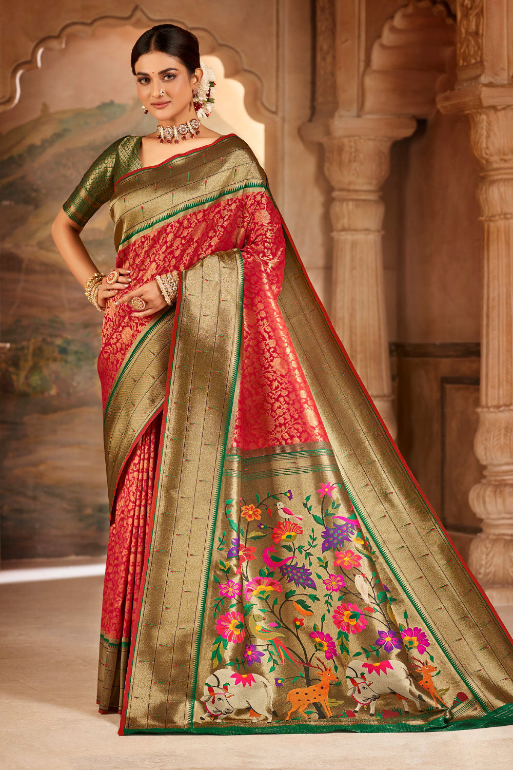 Red & Green Color Paithani Woven Silk Saree