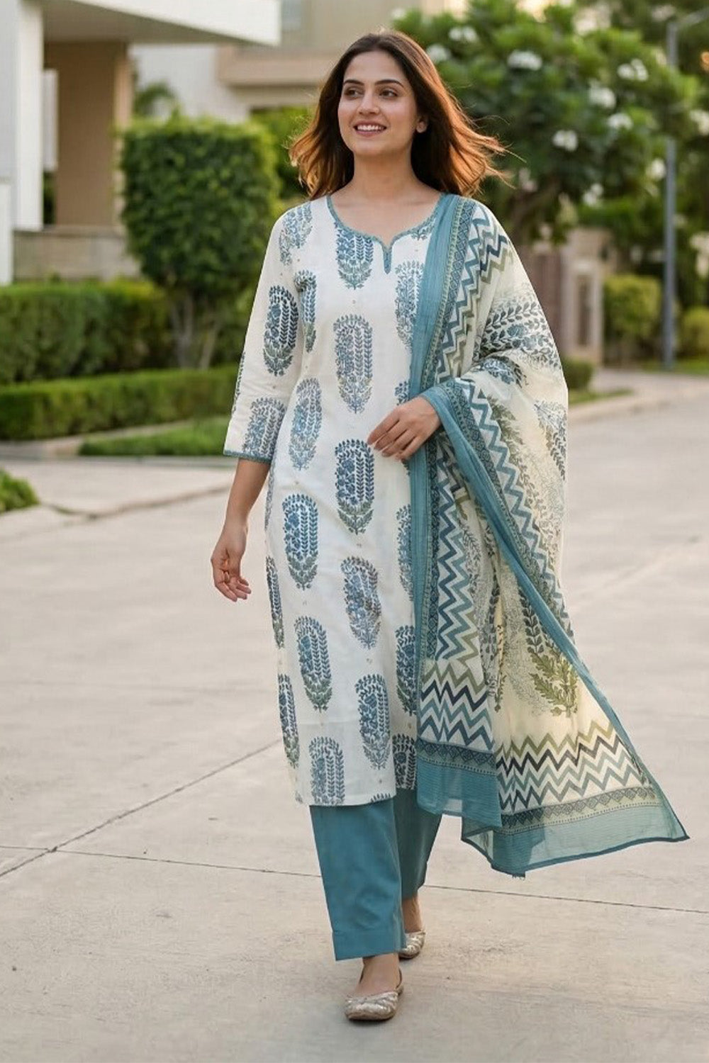 Cream And Blue Hand-Block Printed Cotton Suit