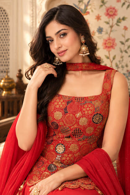 Rust Silk Embroidered Choli With Mukaish Work Georgette Sharara Set
