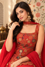 Rust Silk Embroidered Choli With Mukaish Work Georgette Sharara Set