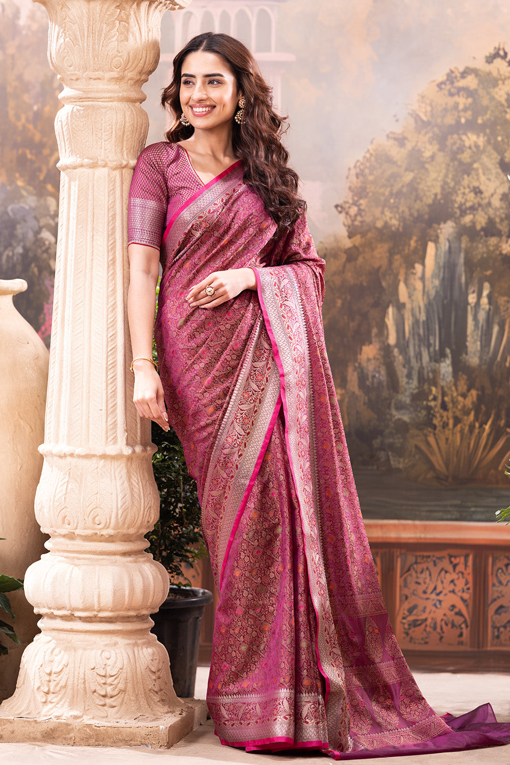 Wine Cotton Silk Floral Resham & Zari Wovern Saree