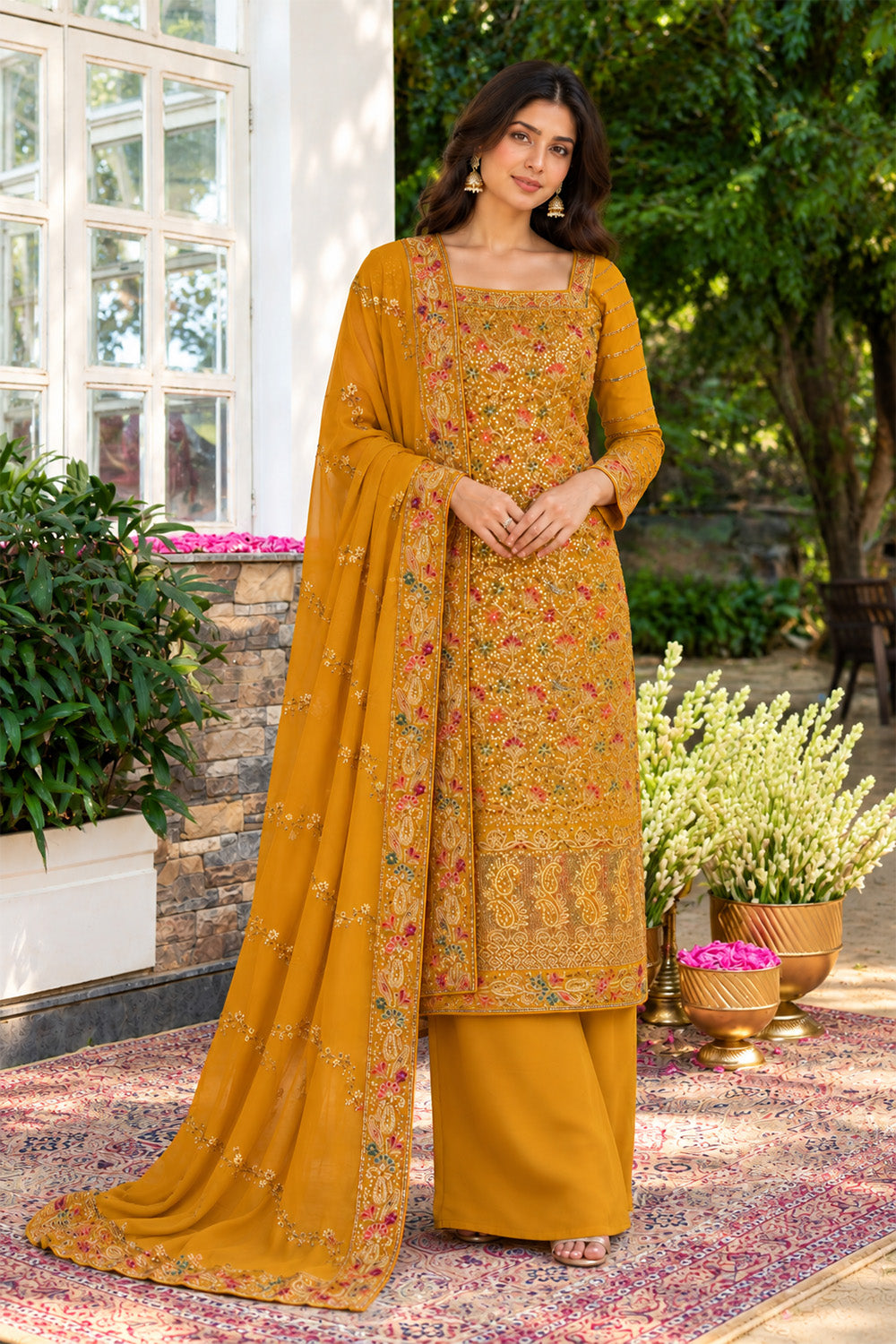 Mustard Floral Embroidered Georgette Unstitched Suit Material