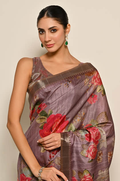 Light Mauve Colour Printed Tussar Silk Saree.