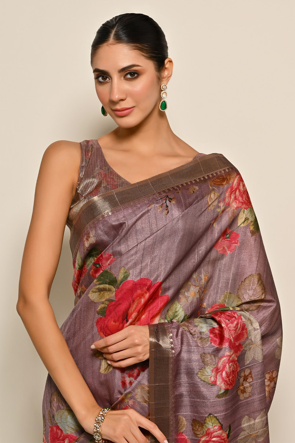 Light Mauve Colour Printed Tussar Silk Saree.