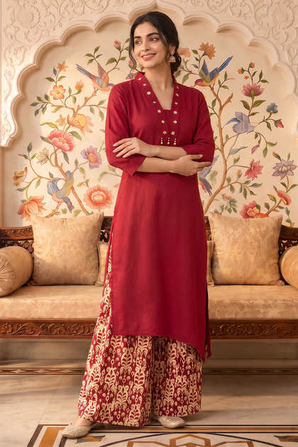 Maroon Rayon Cotton Kurta With Printed Palazzo