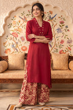 Maroon Rayon Cotton Kurta With Printed Palazzo