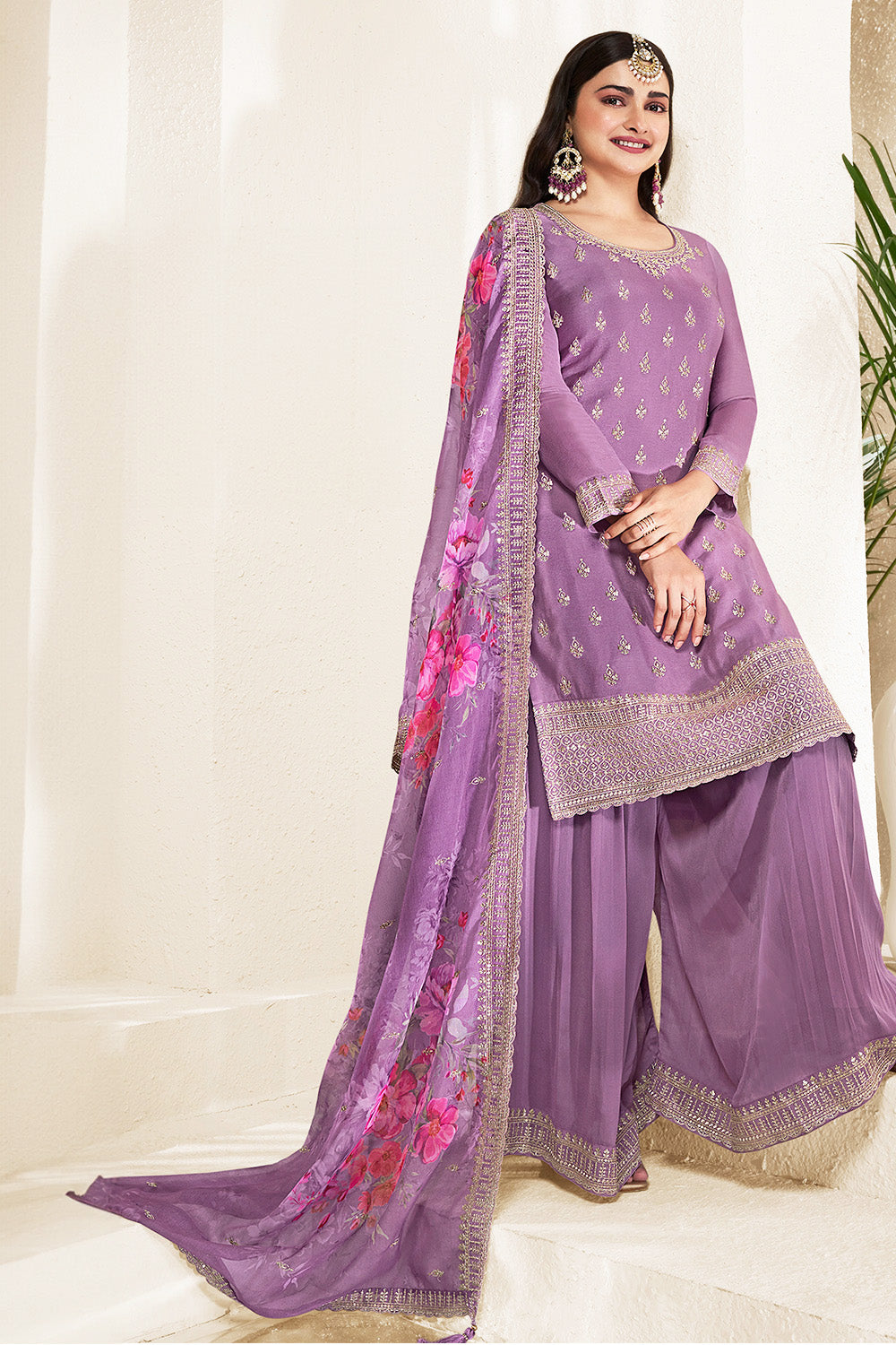 Mauve Color Georgette Embroidered Unstitched Suit Material With Palazzo