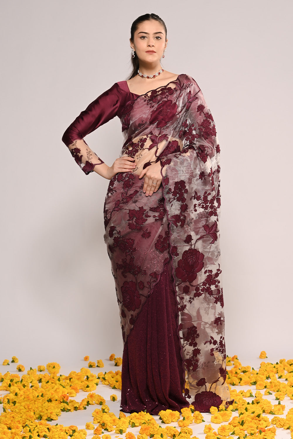 Wine Color Net Embroidered Saree