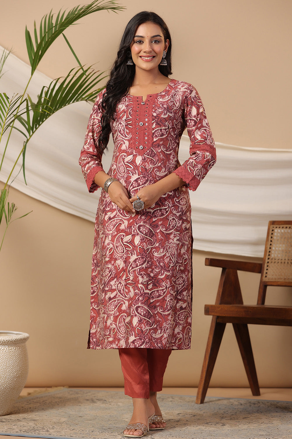 Rust Color Muslin Printed Straight Suit