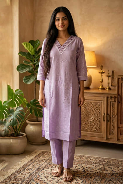 Lavendar Cotton Mirror Neck-Embroidered Kurta Set