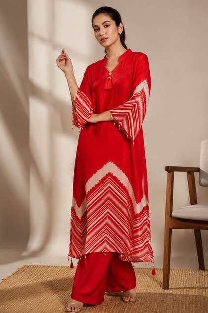 Red Mulberry Silk Printed Kurta Set