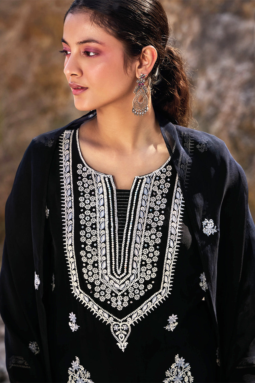 Black Color Organza Resham Embroidered Suit