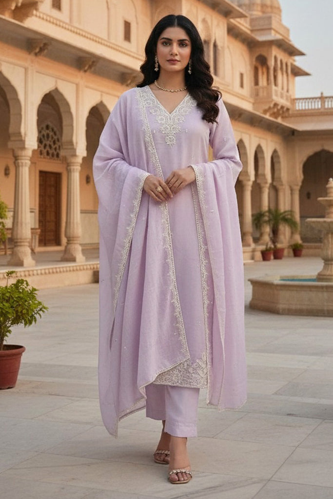 Lavender Malmal Cotton Resham And Zari Embroidered Suit