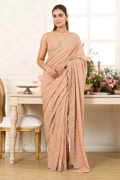 Fawn Georgette Embroidered And Swaroski Work Saree